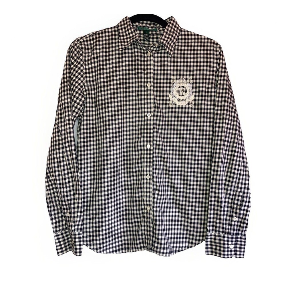 Lauren Ralph Lauren Women’s L Button Up Black White Check Snow Ski Logo